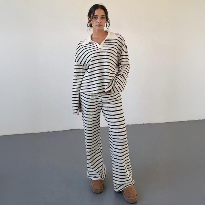 Women's striped knit lounge set in cotton viscose, soft two-piece leisurewear, relaxed silhouette
