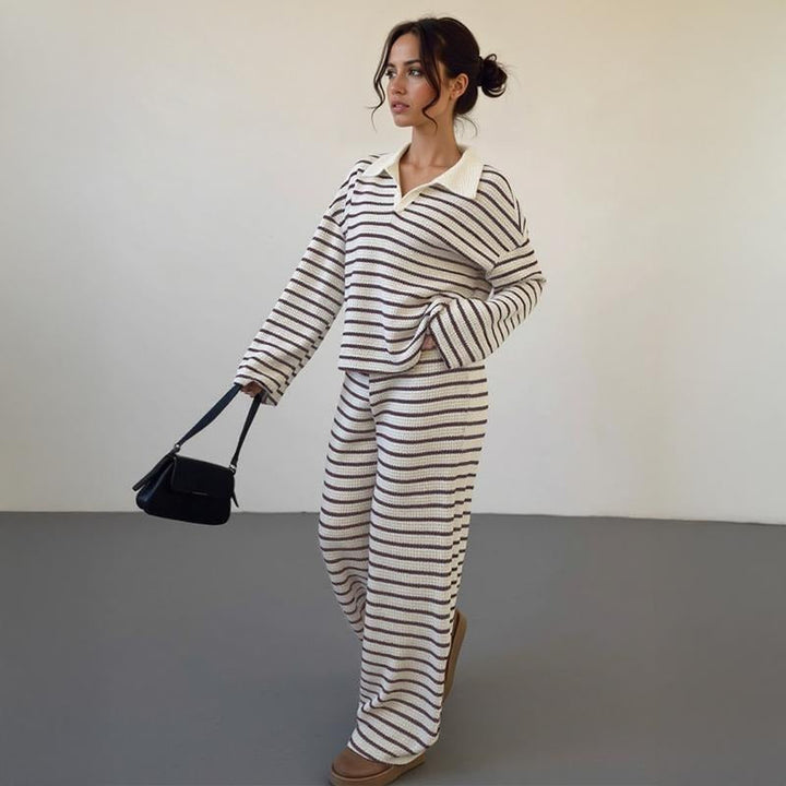 Relaxed fit striped knit lounge set for women, featuring a comfortable two-piece cotton viscose design