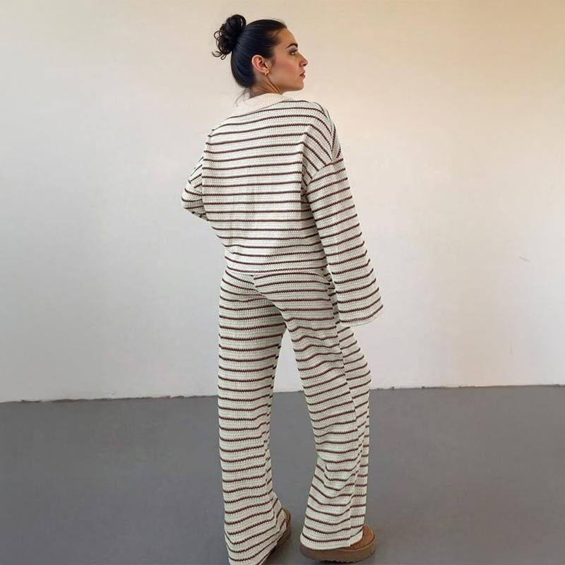 Soft women's knit lounge set with classic stripes, made from breathable cotton viscose for leisure