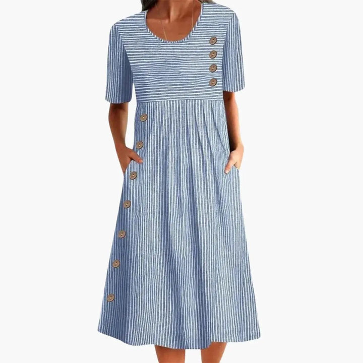 Women's striped midi dress with button front, 3/4 sleeves. Ideal for casual, work, or everyday spring/summer style.