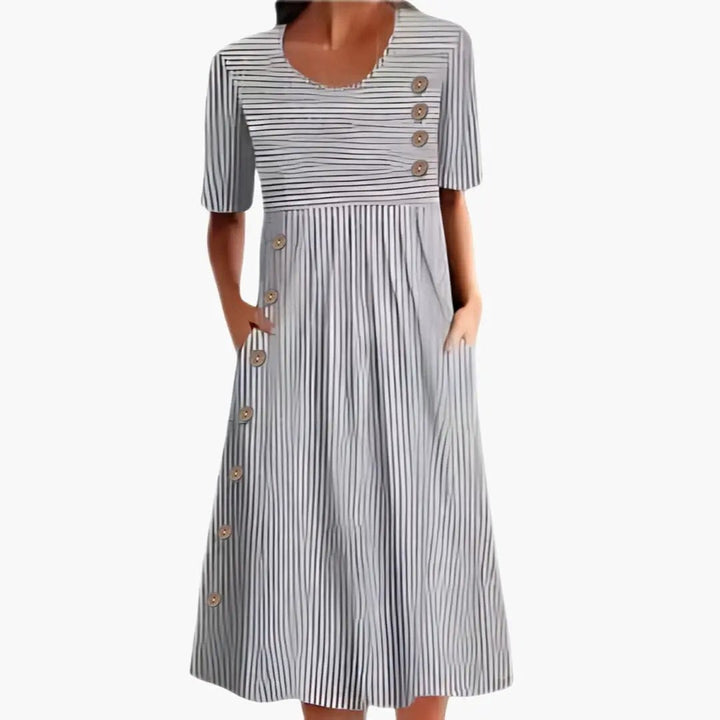 Versatile women's striped midi dress with 3/4 sleeves & button front. Great for casual, work, or spring/summer wear.