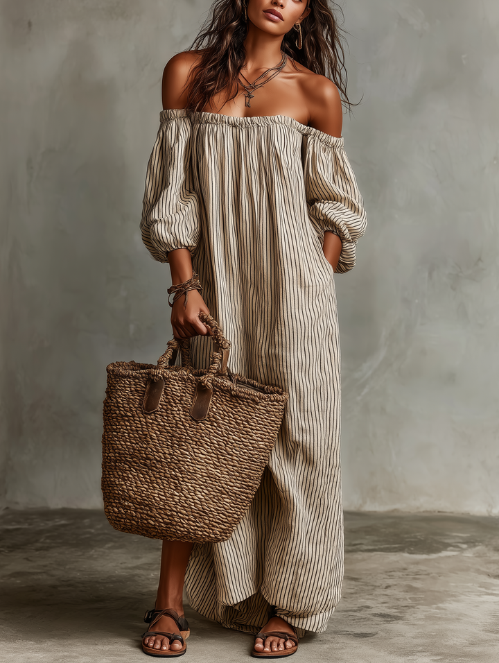 Women's striped off-shoulder maxi dress with puff sleeves, perfect for casual summer wear.