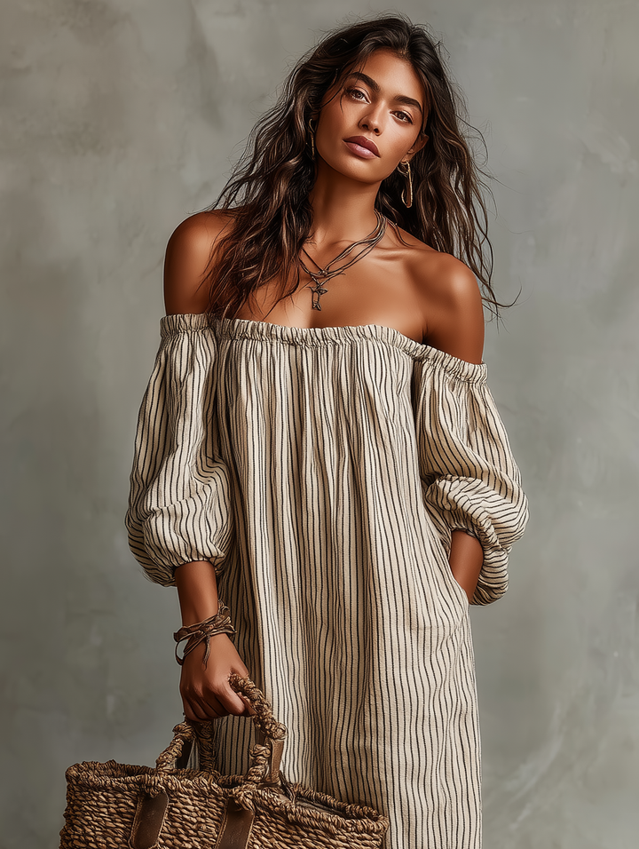 Flowy striped off-shoulder puff sleeve maxi dress for women, comfortable & stylish for casual days.