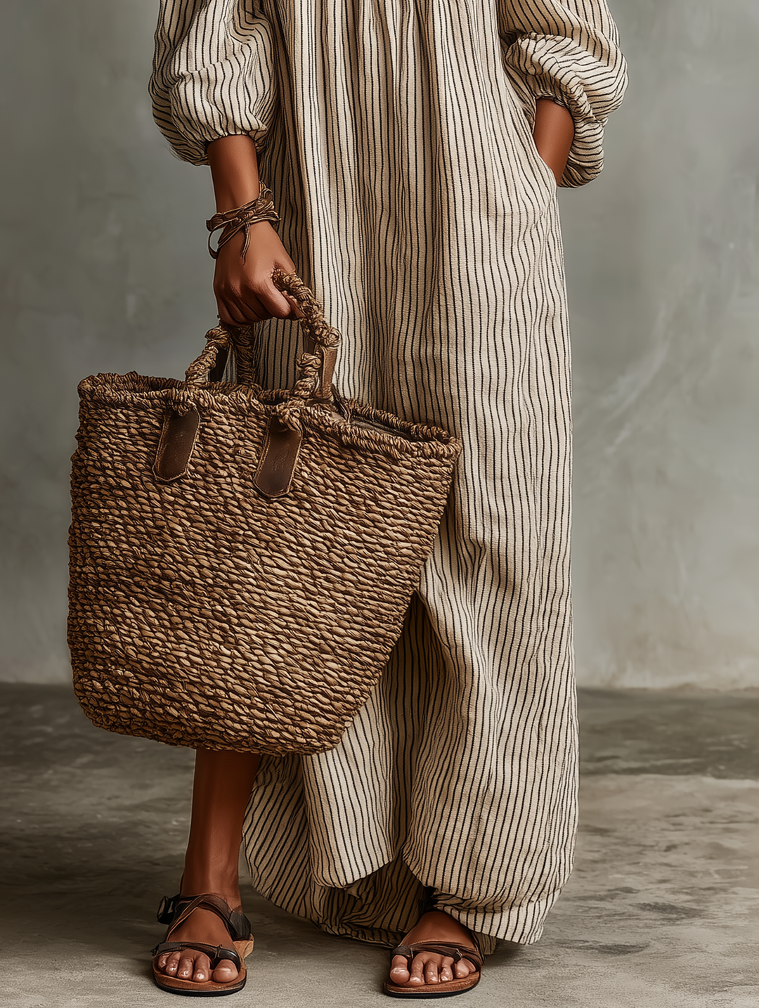 Elegant women's striped off-shoulder puff sleeve maxi dress, great for summer holidays & romantic dates.