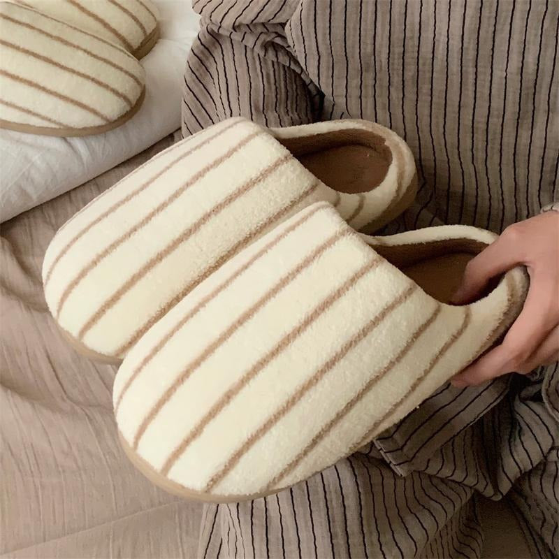 Women's striped plush fleece house slippers, soft indoor comfort shoes for loungewear