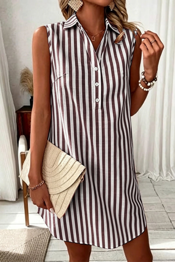 Versatile sleeveless striped V-neck dress for women, ideal for vacation wear or comfortable summer outings.