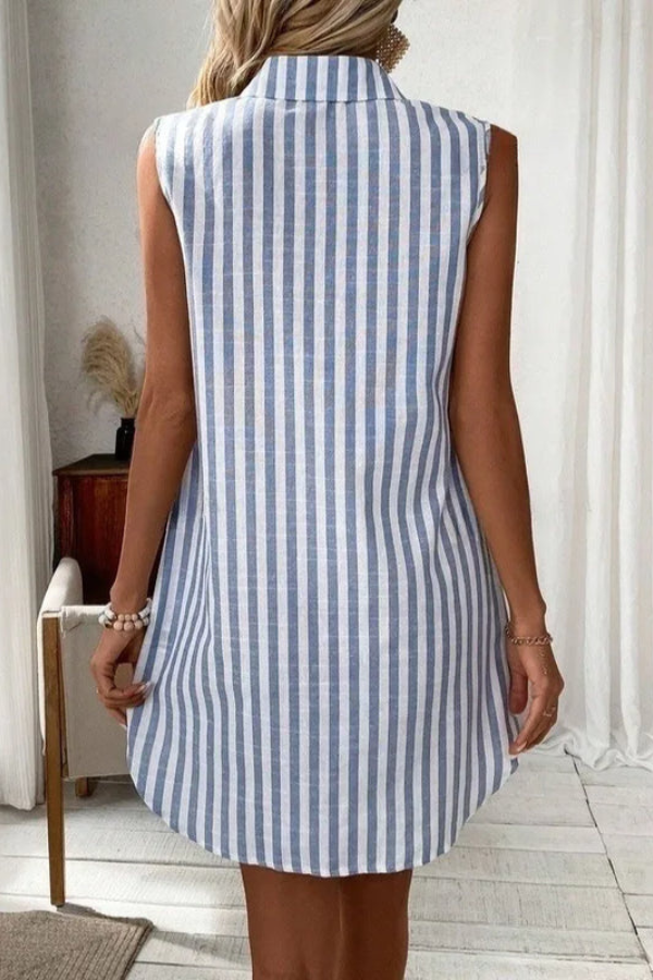 Stylish sleeveless striped shirt dress with V-neck, a versatile women's outfit for casual or vacation wear.