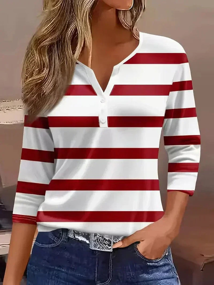 Women's striped V-neck short sleeve top. Comfortable and chic for everyday casual wear and summer fashion.