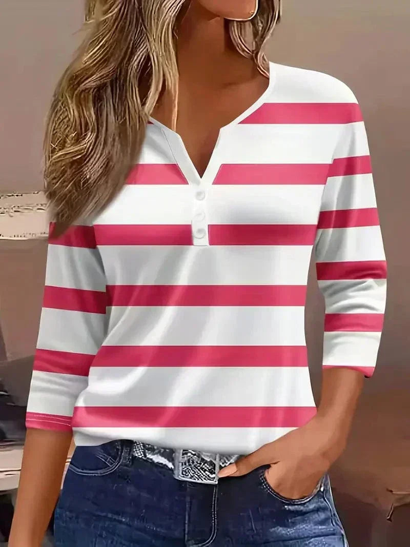 Everyday women's striped V-neck shirt. A comfortable short sleeve top for versatile and modern summer style.
