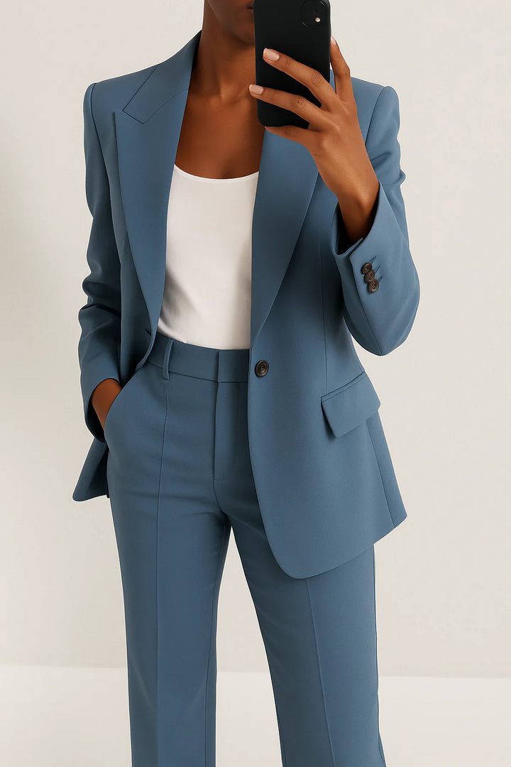 Professional women's tailored blazer and trousers, ideal for office & business attire.