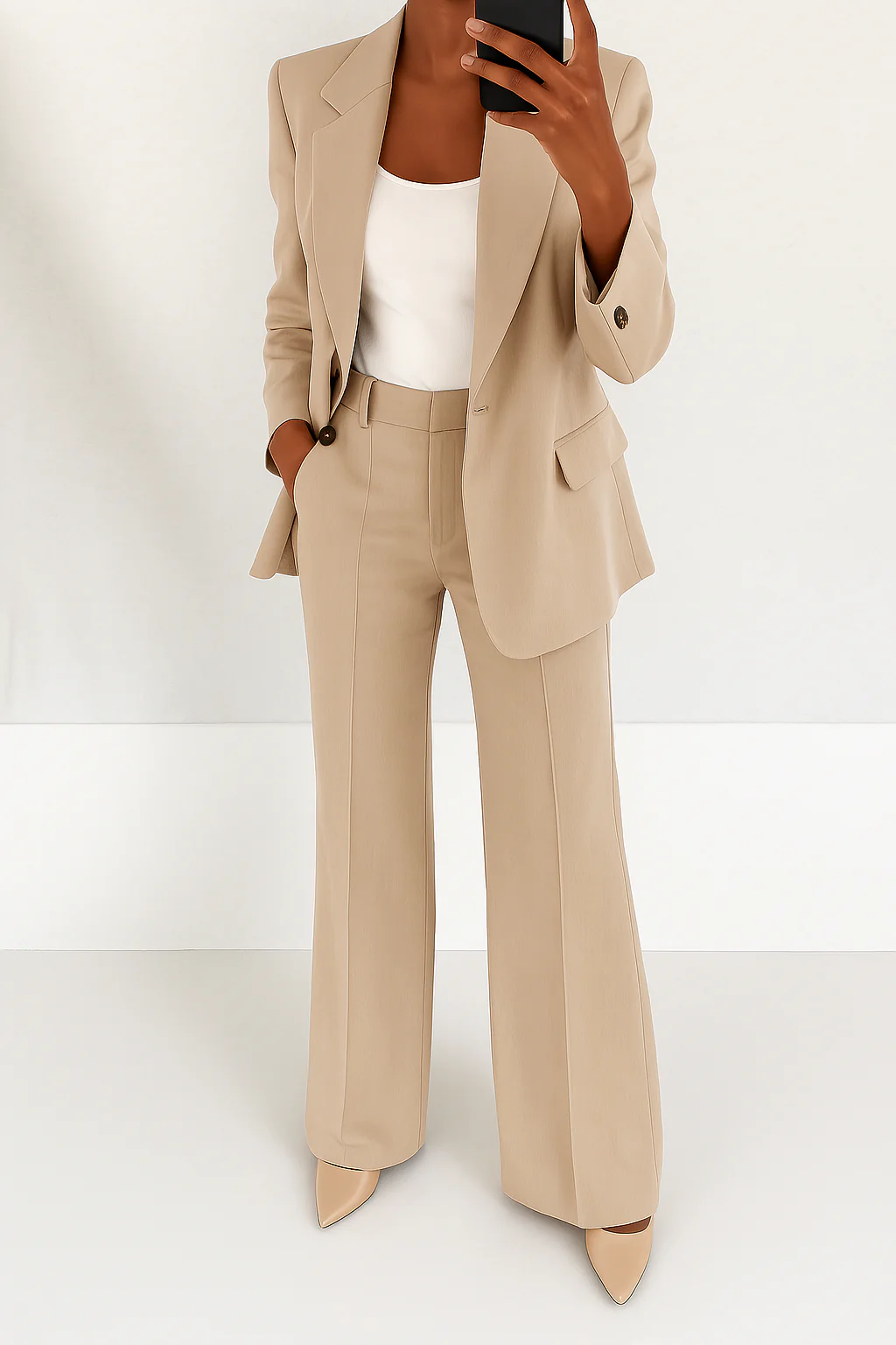 Women's tailored blazer & matching trousers, a chic power suit for modern workwear.