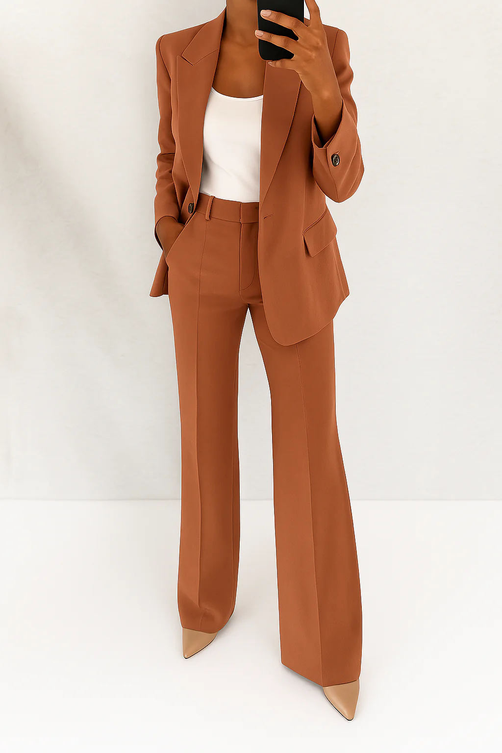 Modern structured women's blazer and trouser set, a sharp, elegant look for professional attire.