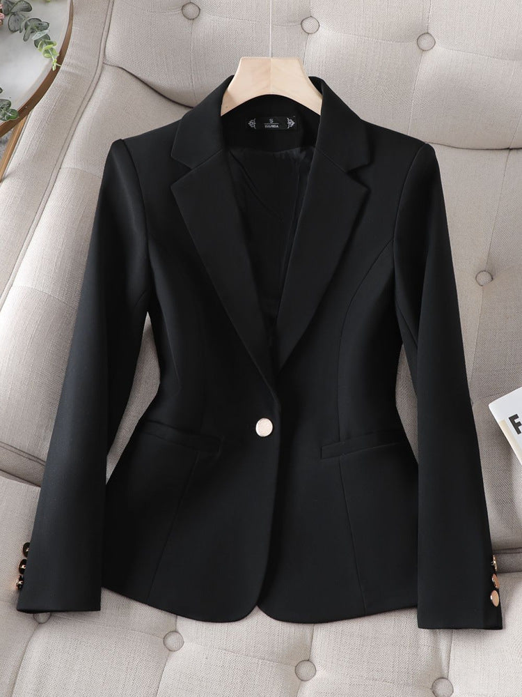 Chic women's single-button blazer, perfect for professional attire and formal outerwear.