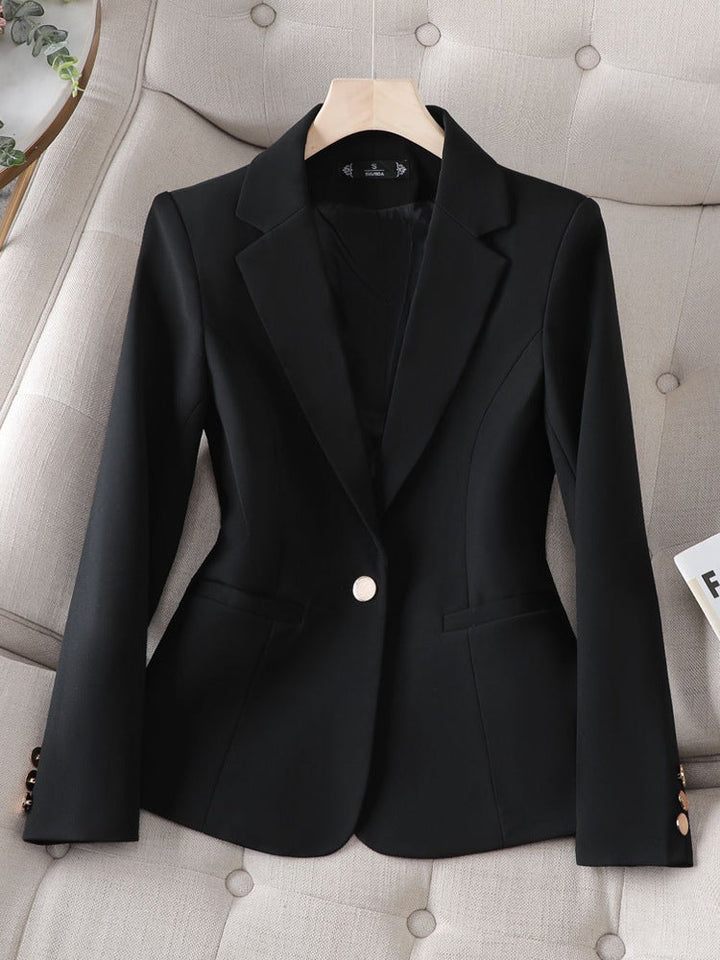Chic women's single-button blazer, perfect for professional attire and formal outerwear.