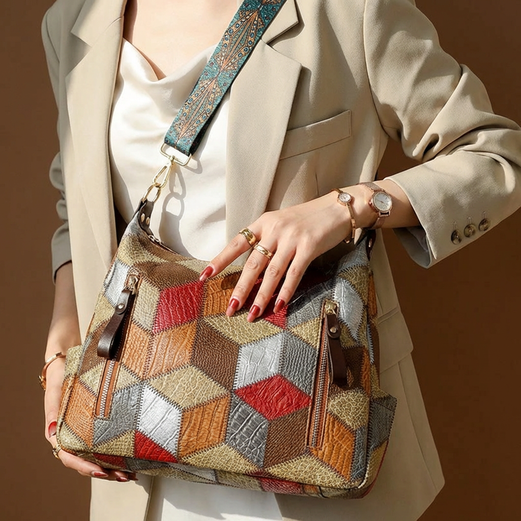 Women's stylish black shoulder tote bag with eye-catching white contrast stitching, front view.