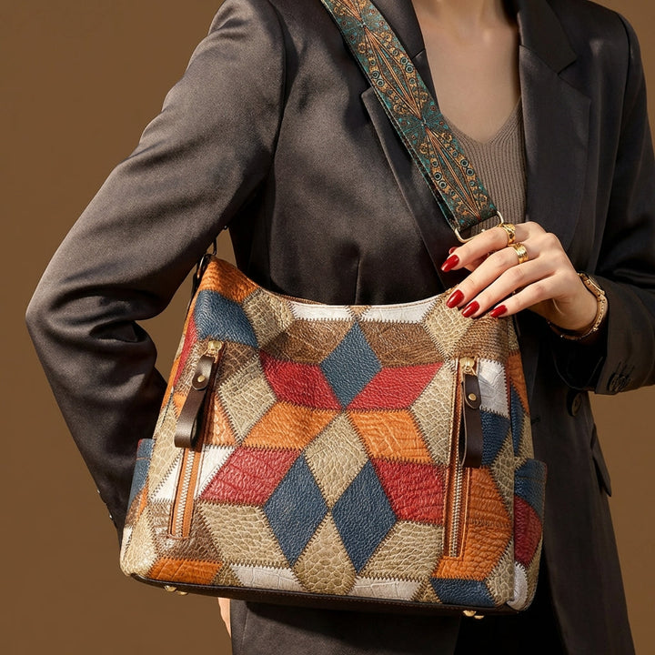 Spacious women's shoulder bag with contrast stitching, displaying interior and capacity.