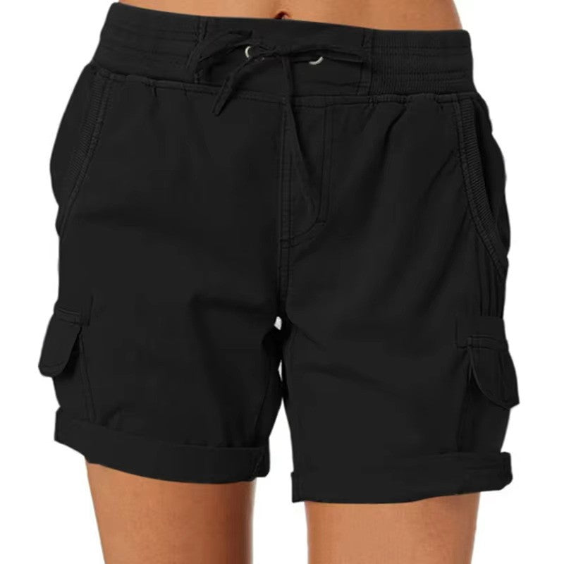 Women's fashion beach shorts for summer. Chloe style, a trendy low waist skinny fit for vacation beachwear.