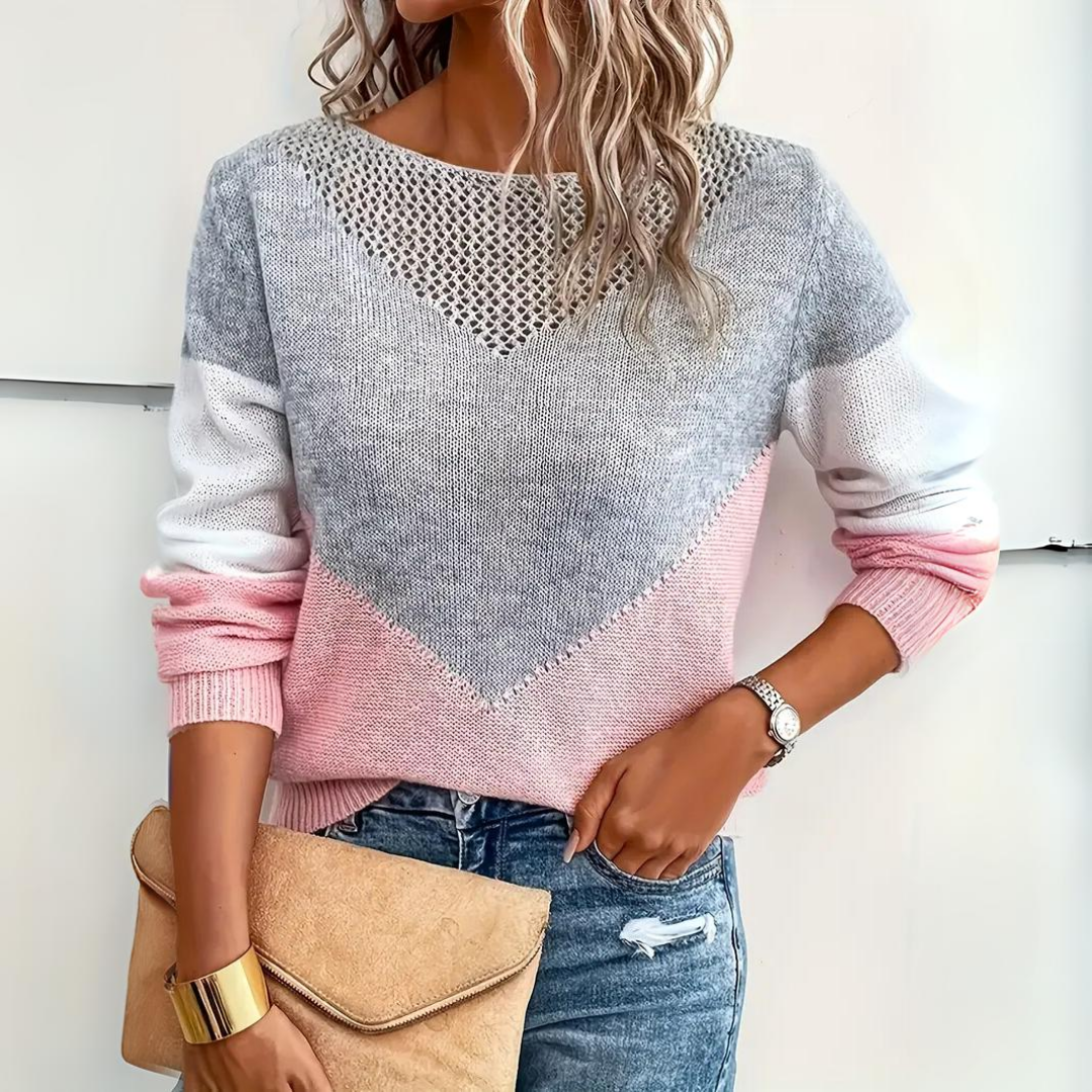 Women's stylish color block knit sweater with mesh detail, long sleeve, perfect for fall fashion