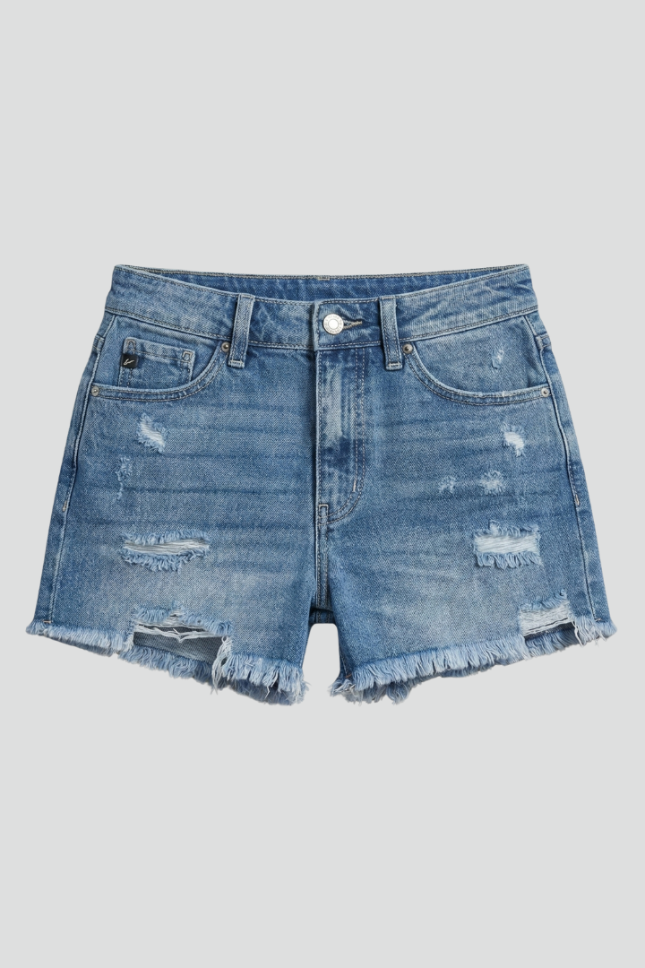 Women's stylish dark blue distressed denim shorts with frayed hem, perfect for casual summer wear.