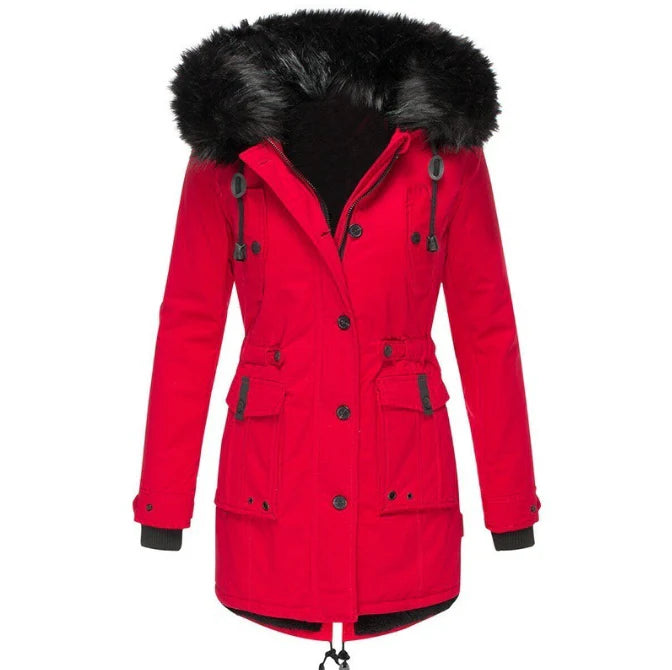 Chic women's hooded winter jacket. Perfect warm fashion for ladies' cold weather style & outdoor adventures.