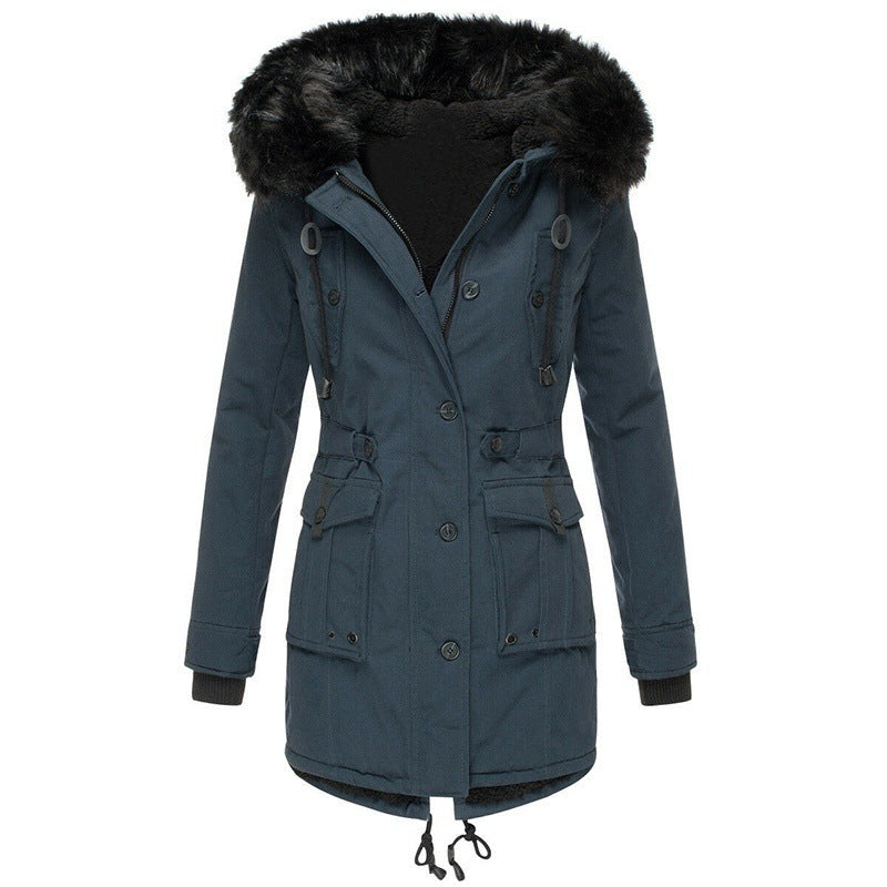 Warm women's outerwear: a stylish hooded winter jacket for cold weather. Essential fashion for fall/winter comfort.