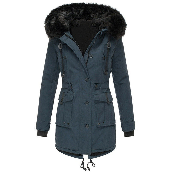 Warm women's outerwear: a stylish hooded winter jacket for cold weather. Essential fashion for fall/winter comfort.