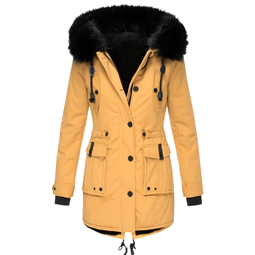 Cozy women's winter coat with a hood. Perfect insulated outerwear for cold weather, offering warmth & style this fall/winter.