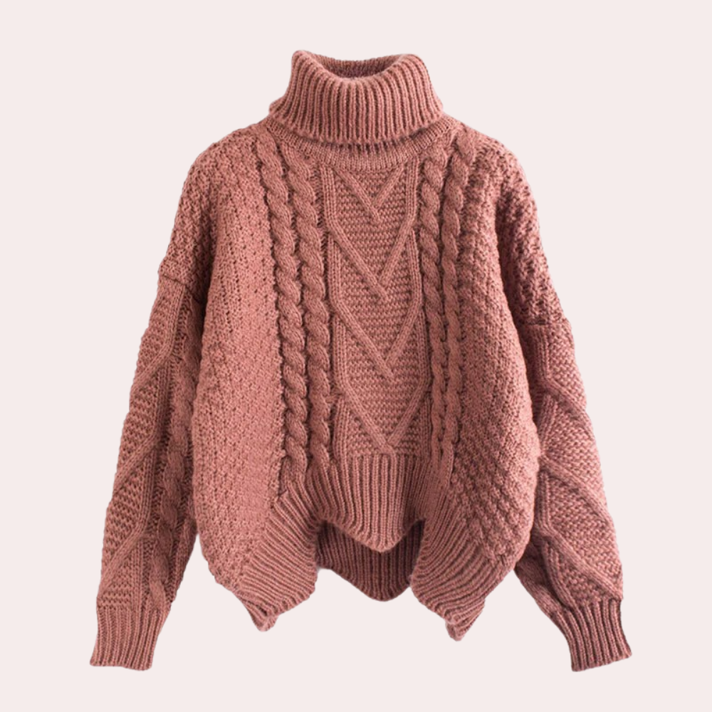 Women's stylish knitted turtleneck sweater. Warm, versatile cotton knit long sleeve top for winter fashion.