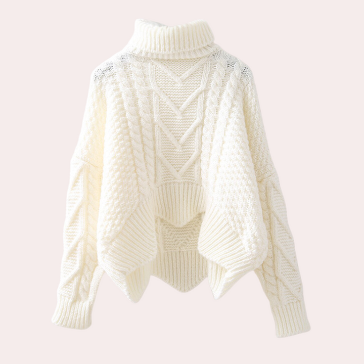 Fashionable women's knitted turtleneck sweater. A warm and elegant winter wear staple with long sleeves.