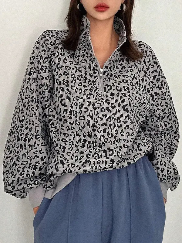 Close-up of a women's leopard print knit sweater with a sophisticated half-zip design