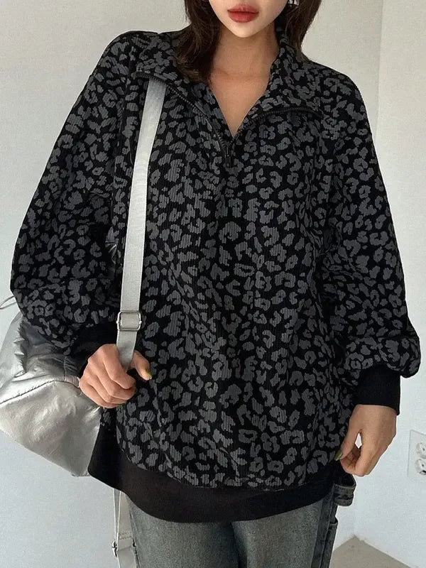 Casual cotton blend leopard half-zip sweater for women, perfect for everyday wear