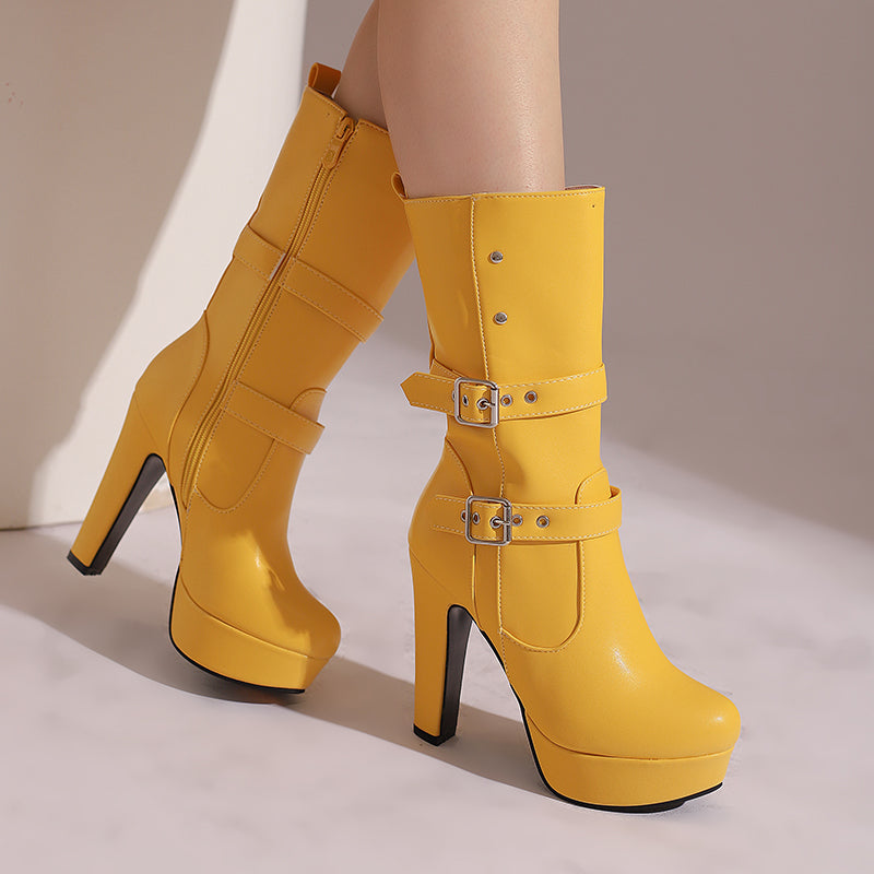 Women's stylish mid-calf heeled boots with double buckles, side view, black leather finish
