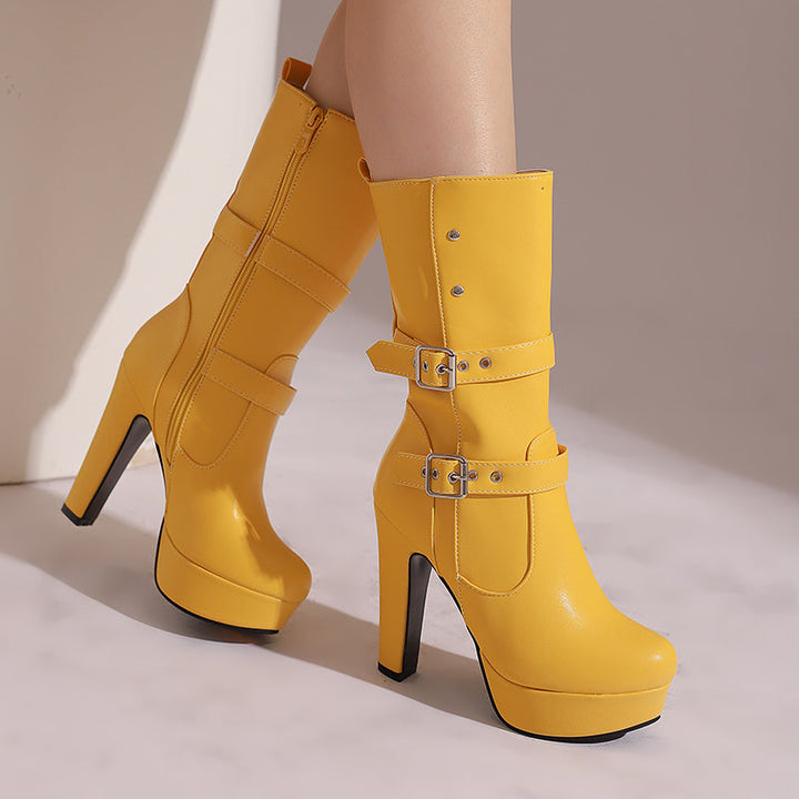 Women's stylish mid-calf heeled boots with double buckles, side view, black leather finish