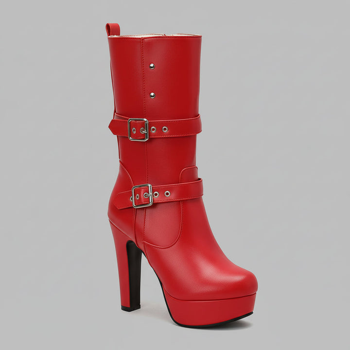 Close-up of double buckles on women's mid-calf heeled boots, silver hardware detail