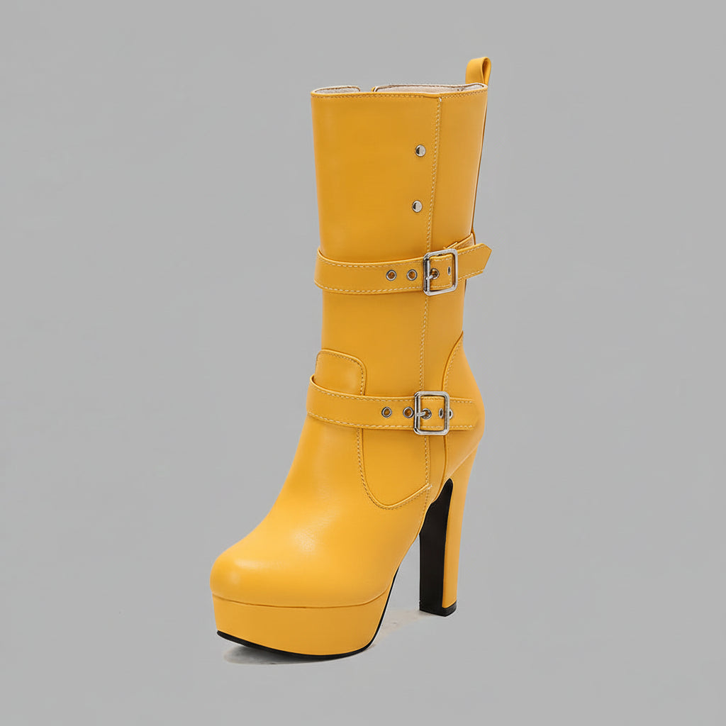 Front view of women's chic mid-calf boots, high heel, perfect for fall fashion