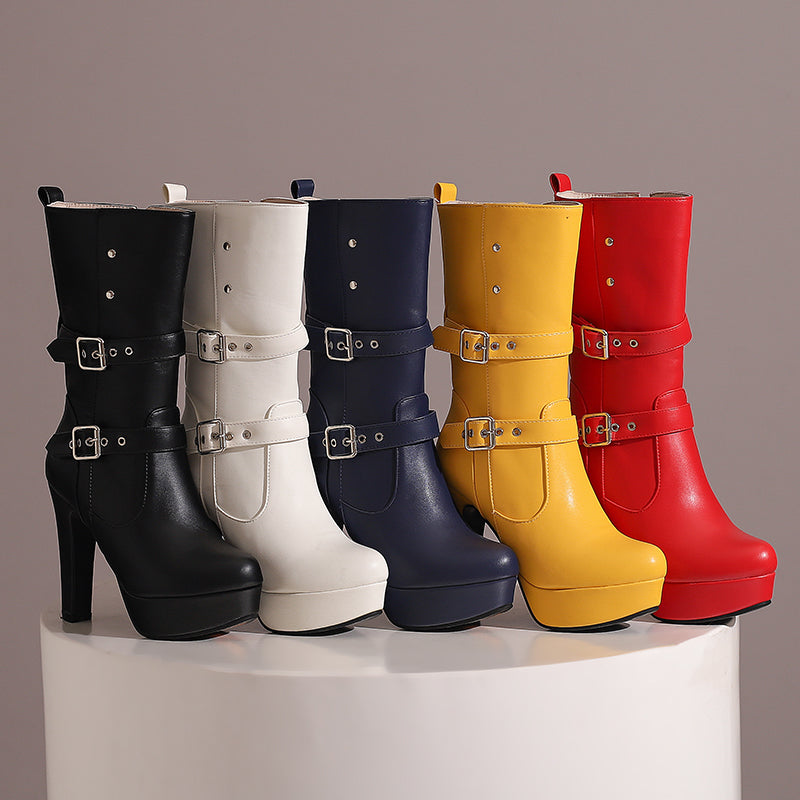 Detail shot of the high heel and sole of women's stylish mid-calf boots, textured grip