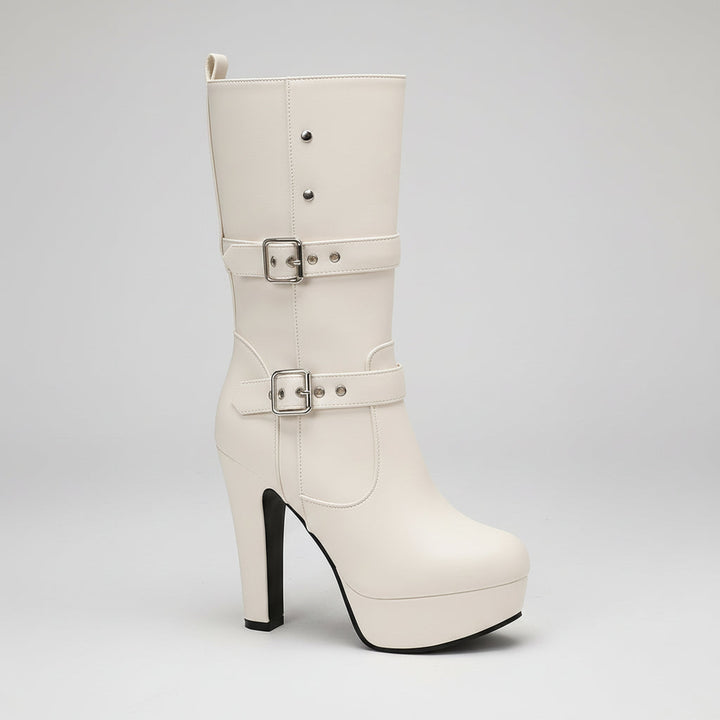 Top-down view of women's black mid-calf boots, emphasizing the double buckle straps