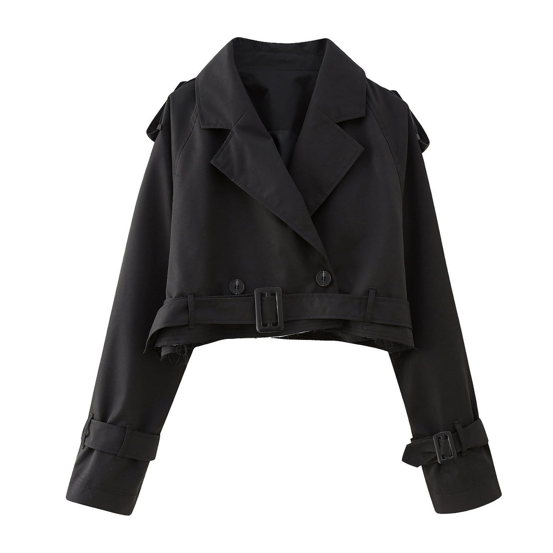 Stylish women's short trench coat with double-breasted front, perfect for fall and spring fashion