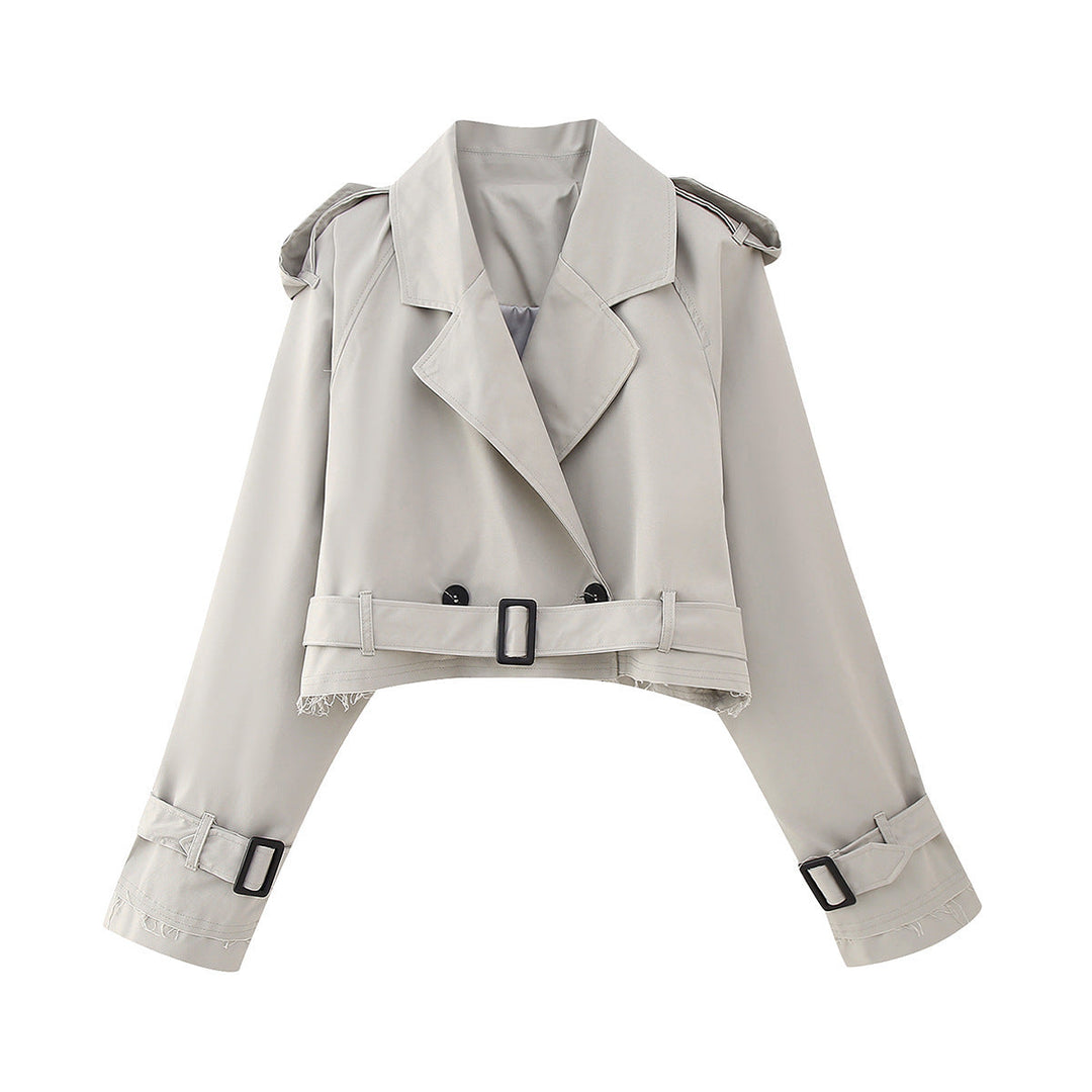 Classic double-breasted women's trench coat in a short length, elegant and trendy outerwear