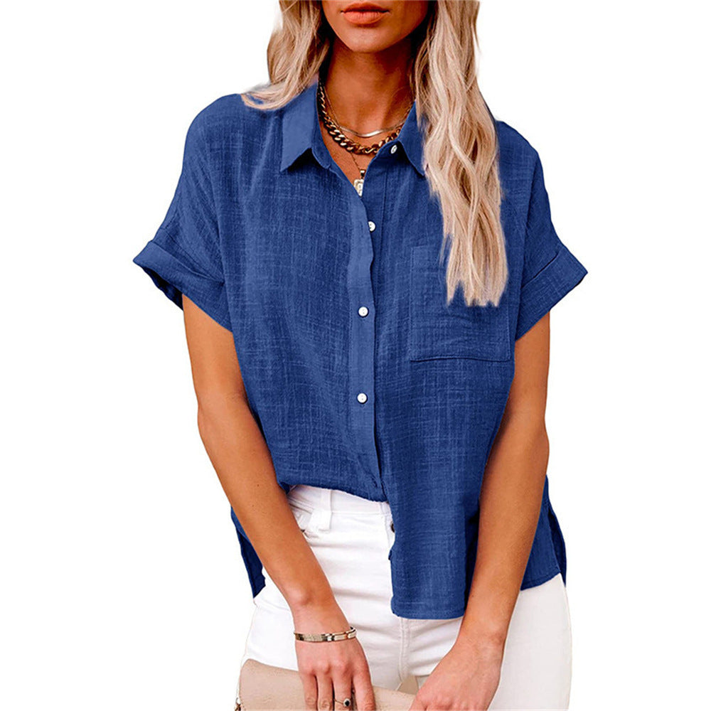 Women's short sleeve button-down shirt with a single chest pocket, a versatile casual top for everyday fashion.