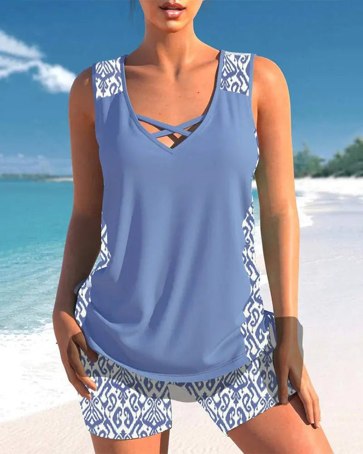 Modest & comfortable women's tankini swimsuit, ideal for vacation, pool, or beach. Stylish summer fashion.