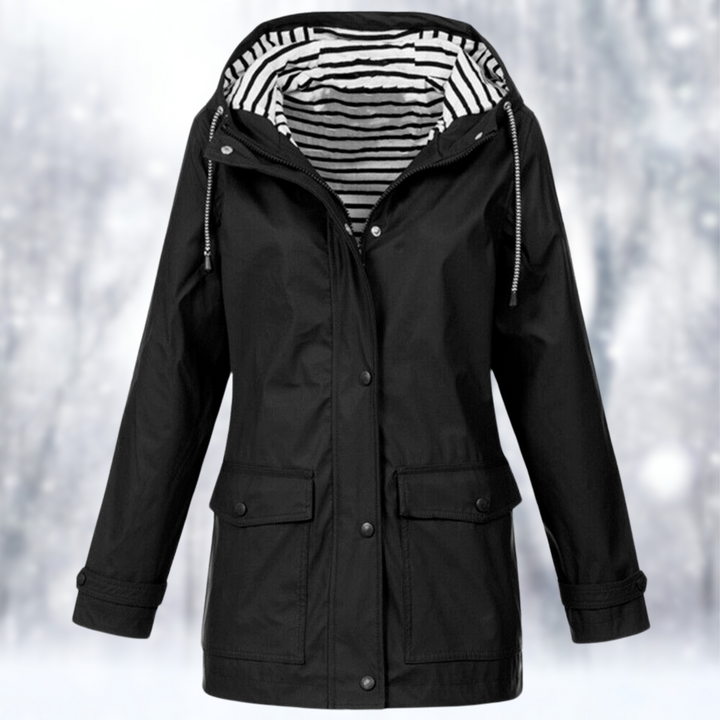 Women's stylish waterproof hooded raincoat. Lightweight casual outerwear for spring & fall rain protection.