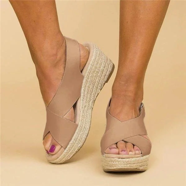 Fashionable women's espadrille wedge sandals, slingback design, comfortable summer shoes.