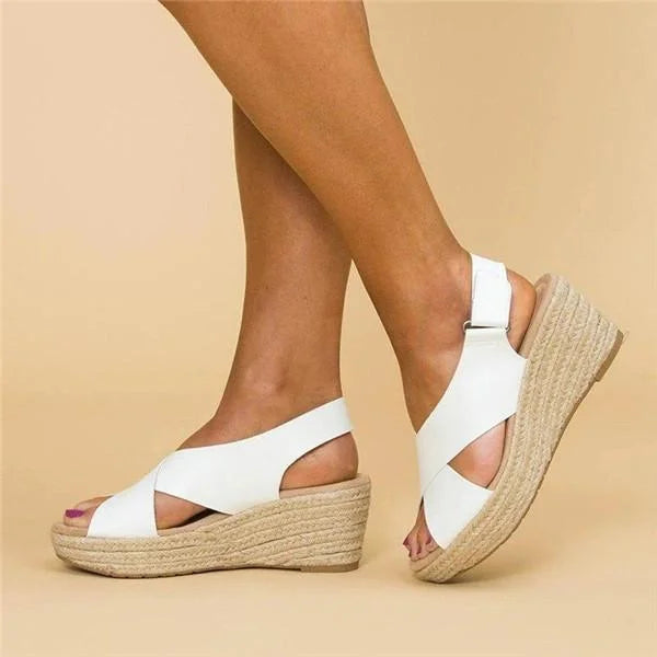 Elegant women's summer wedge espadrille sandals, slingback style, ideal for vacation fashion.