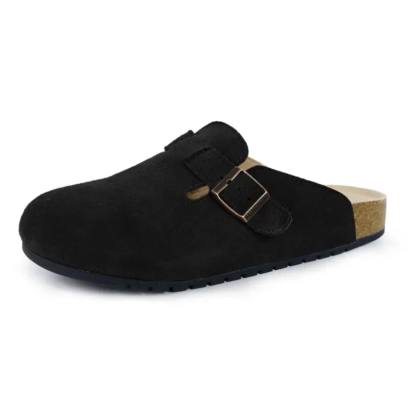 Women's comfort sandals: light brown suede clogs with adjustable buckle