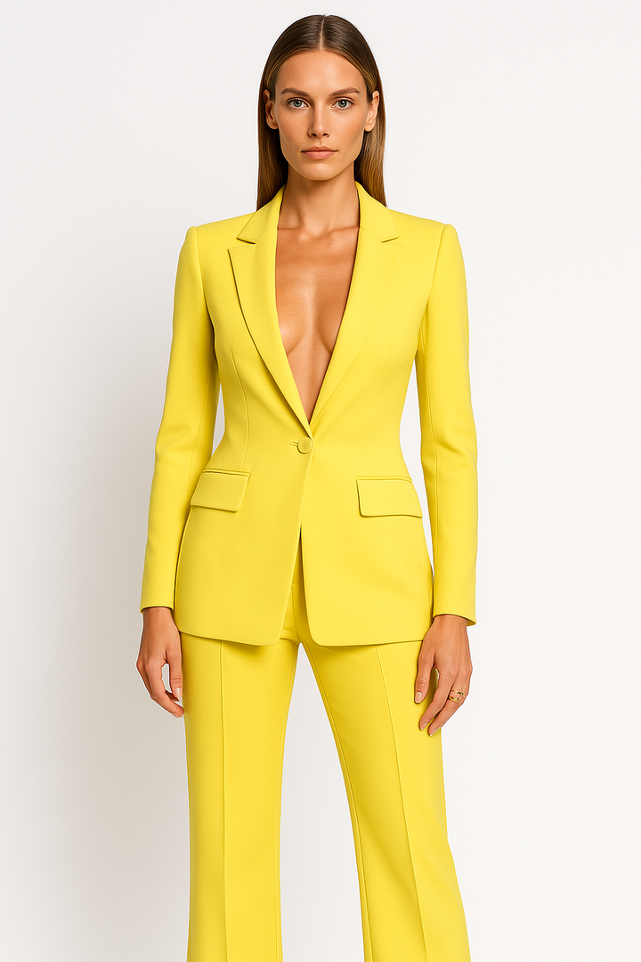 Modern women's two-piece matching suit, featuring a tailored blazer and wide leg trousers for a chic ensemble.