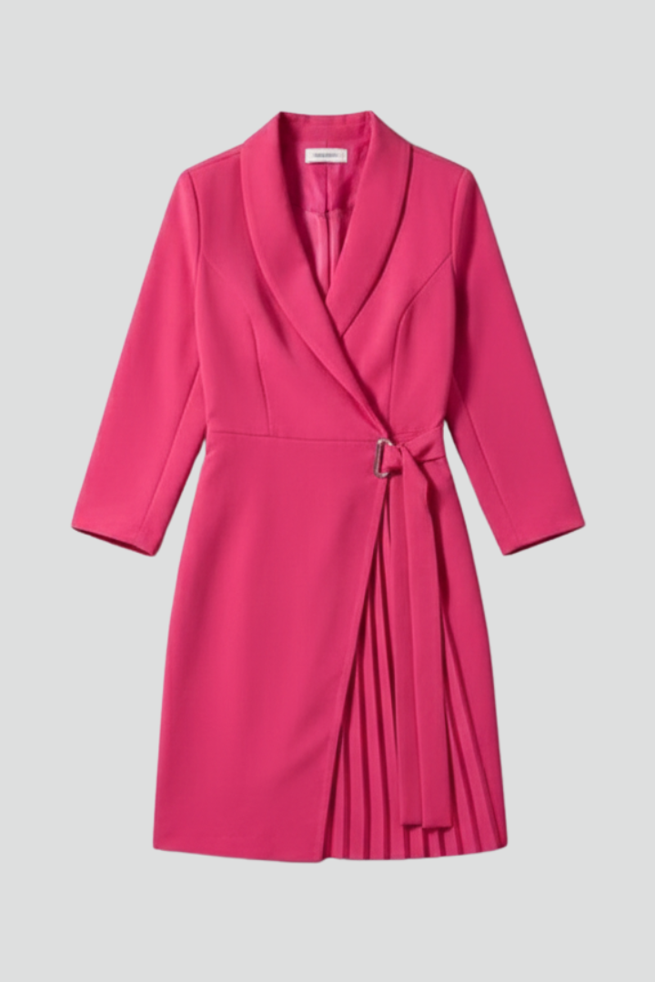 Women's tailored blazer dress with notched collar & straight hem, ideal for professional office wear.
