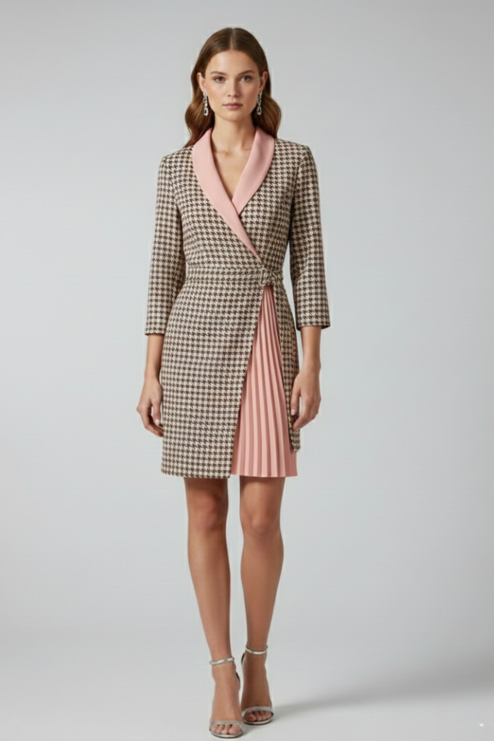 Modern professional women's blazer dress with a smart notched collar and a contemporary straight hem.