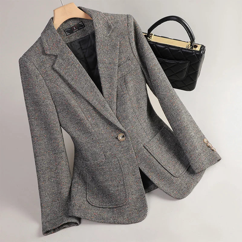 Classic grey cotton blazer for women, tailored fit, perfect for business casual and professional outfits