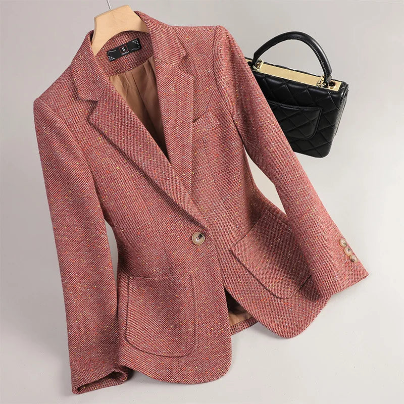 Coffee brown women's tailored cotton blazer, single-button, versatile outerwear for classic style